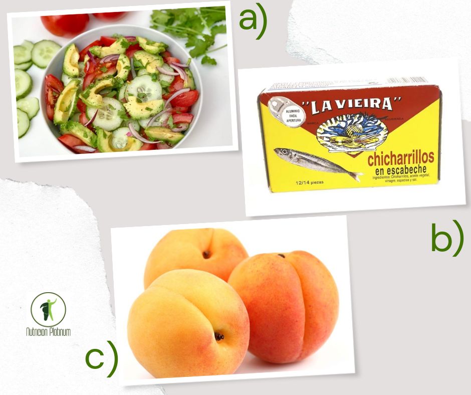 Ensalada con aguacate con chicharrillos en conserva y albaricoques.